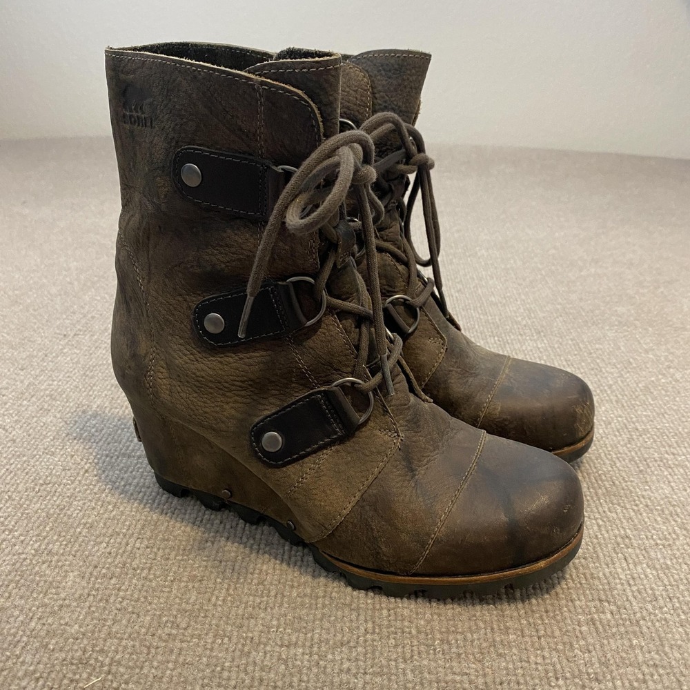 Sorel Booties Womens Size 8.5 Brown Leather Ankle Wedge Lace Up Boho Western